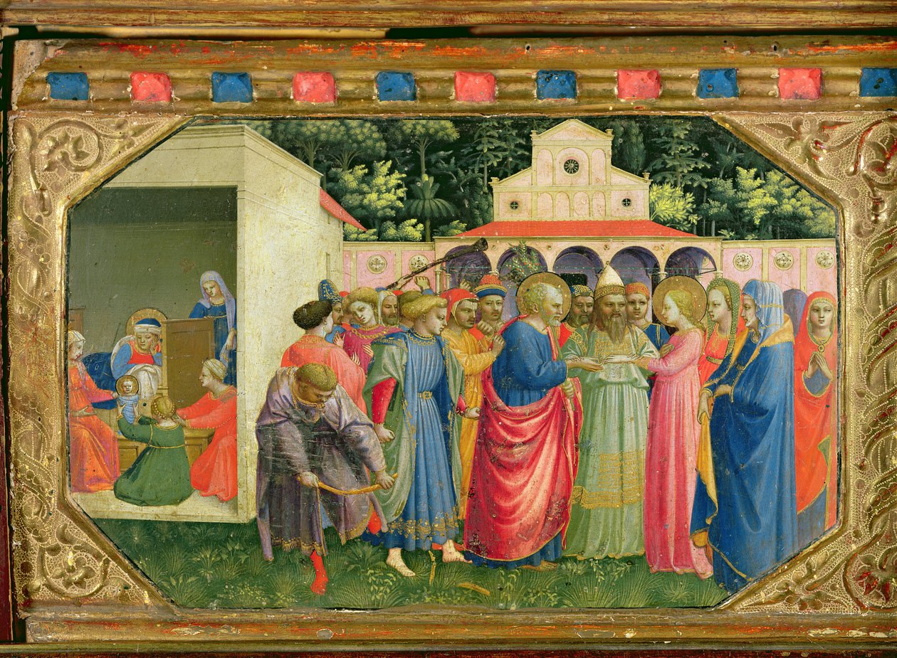 Neitsyen syntymä ja häät, Marian ilmestyksen alttaritaulun predellasta, n. 1430-1432 (tempera ja kulta paneelissa) tekijältä Fra Angelico