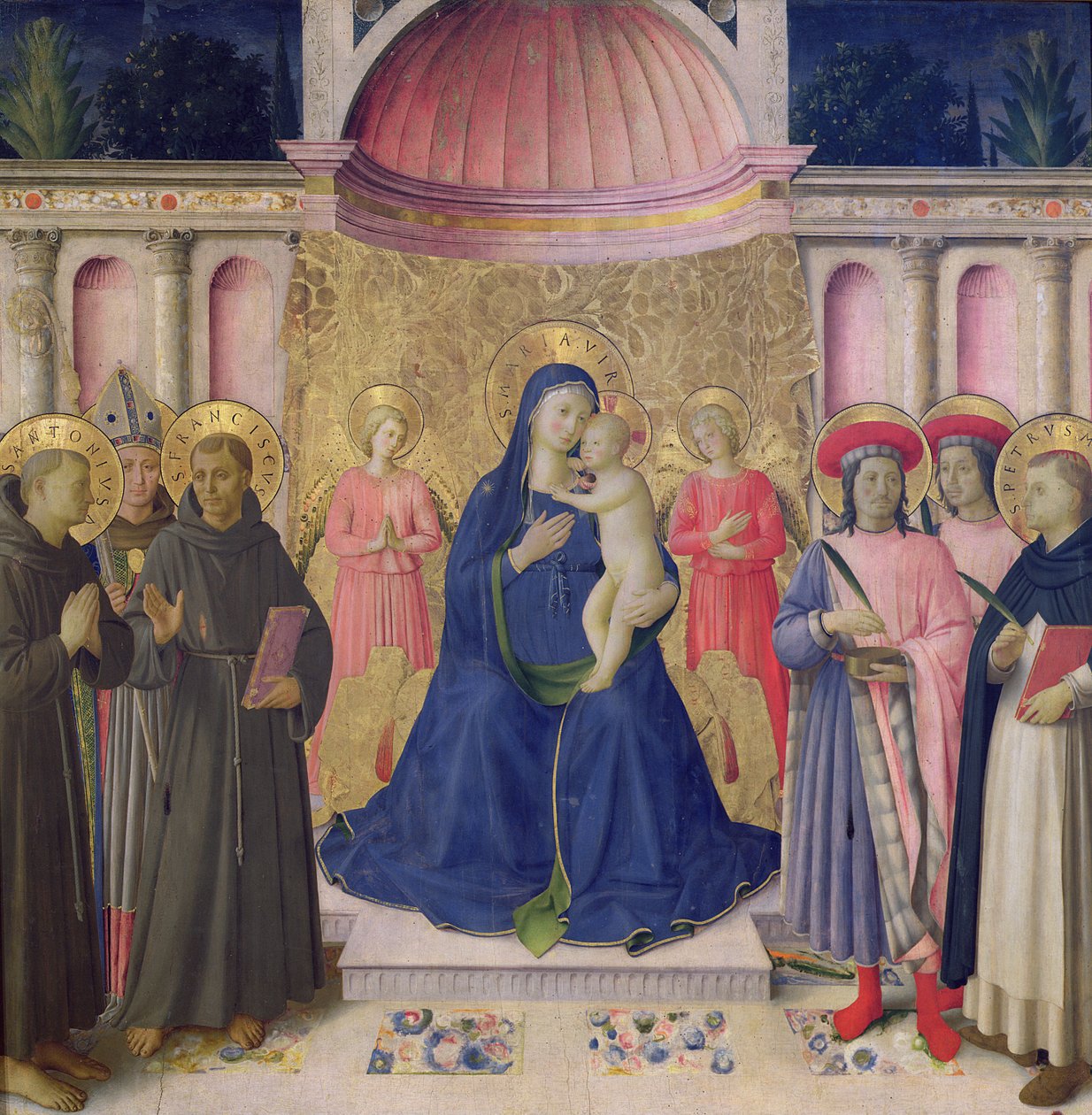 Bosco ai Fratin alttaritaulu: Neitsyt ja lapsi valtaistuimella kahden enkelin kanssa SS:n välillä. Anthony Padovalainen, Louis Toulouse ja Franciscus ja SS. Cosmas ja Damianus ja Pietari marttyyri, 1452 (tempera tekijältä Fra Angelico