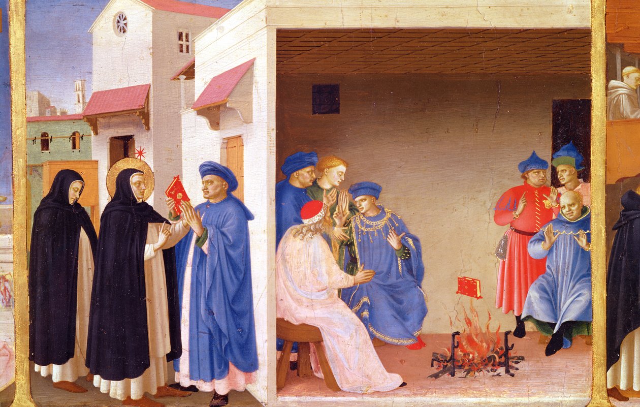 Neitsyen kruunaus, yksityiskohta Pyhästä Dominicista, joka antoi kirjan takaisin albigensilaisille, n. 1430-32 (tempera paneelissa) tekijältä Fra Angelico