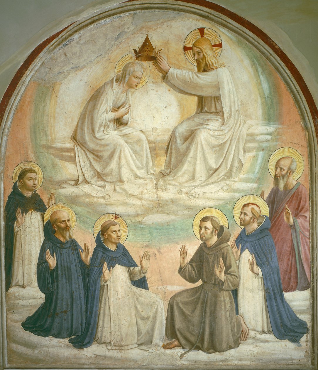 Neitsyen kruunaus pyhien Tuomaan, Benedictuksen, Dominikin, Franciscuksen, Pietari marttyyrin ja Paavalin kanssa, 1442 tekijältä Fra Angelico