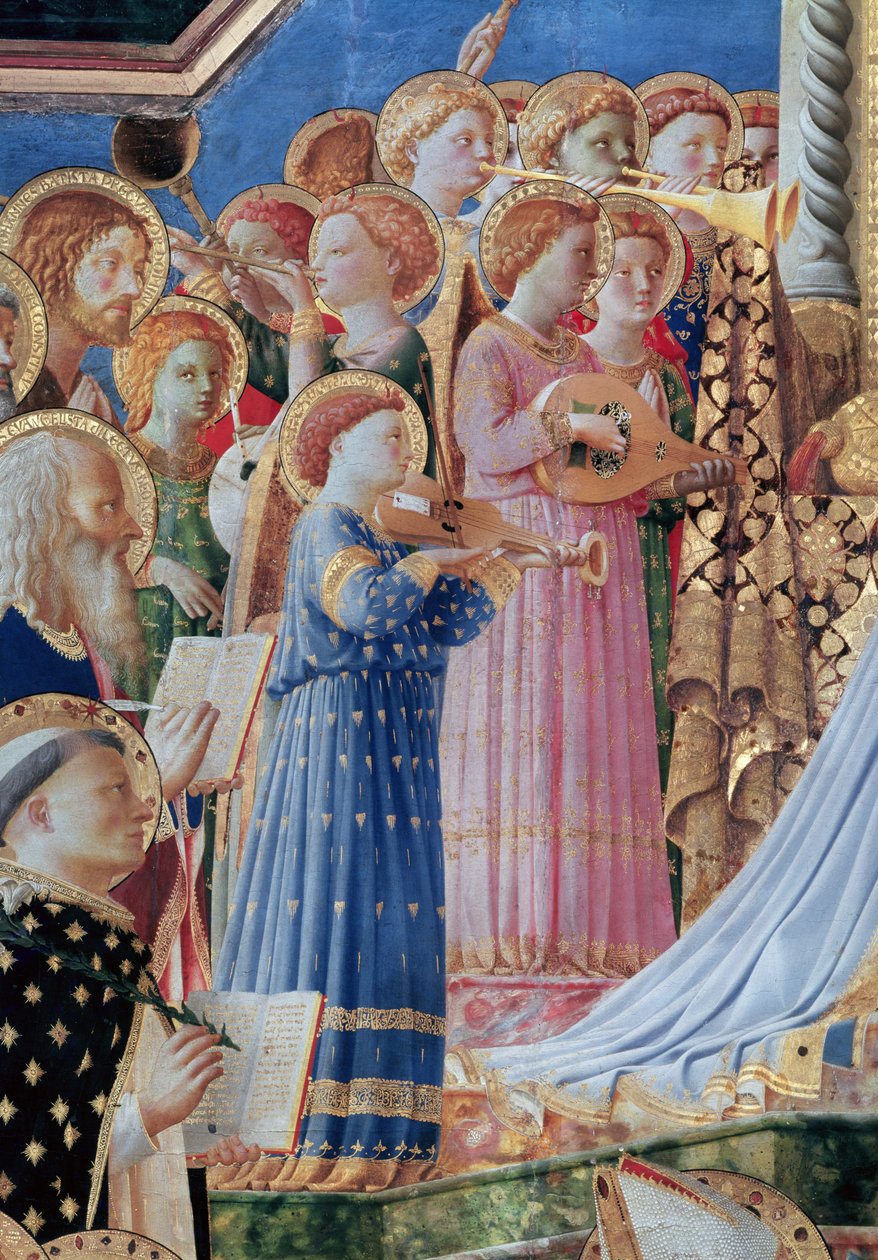 Neitsyen kruunaus, yksityiskohta musiikkienkeleistä vasemmalta puolelta, n. 1430-32 (yksityiskohta 60319) tekijältä Fra Angelico