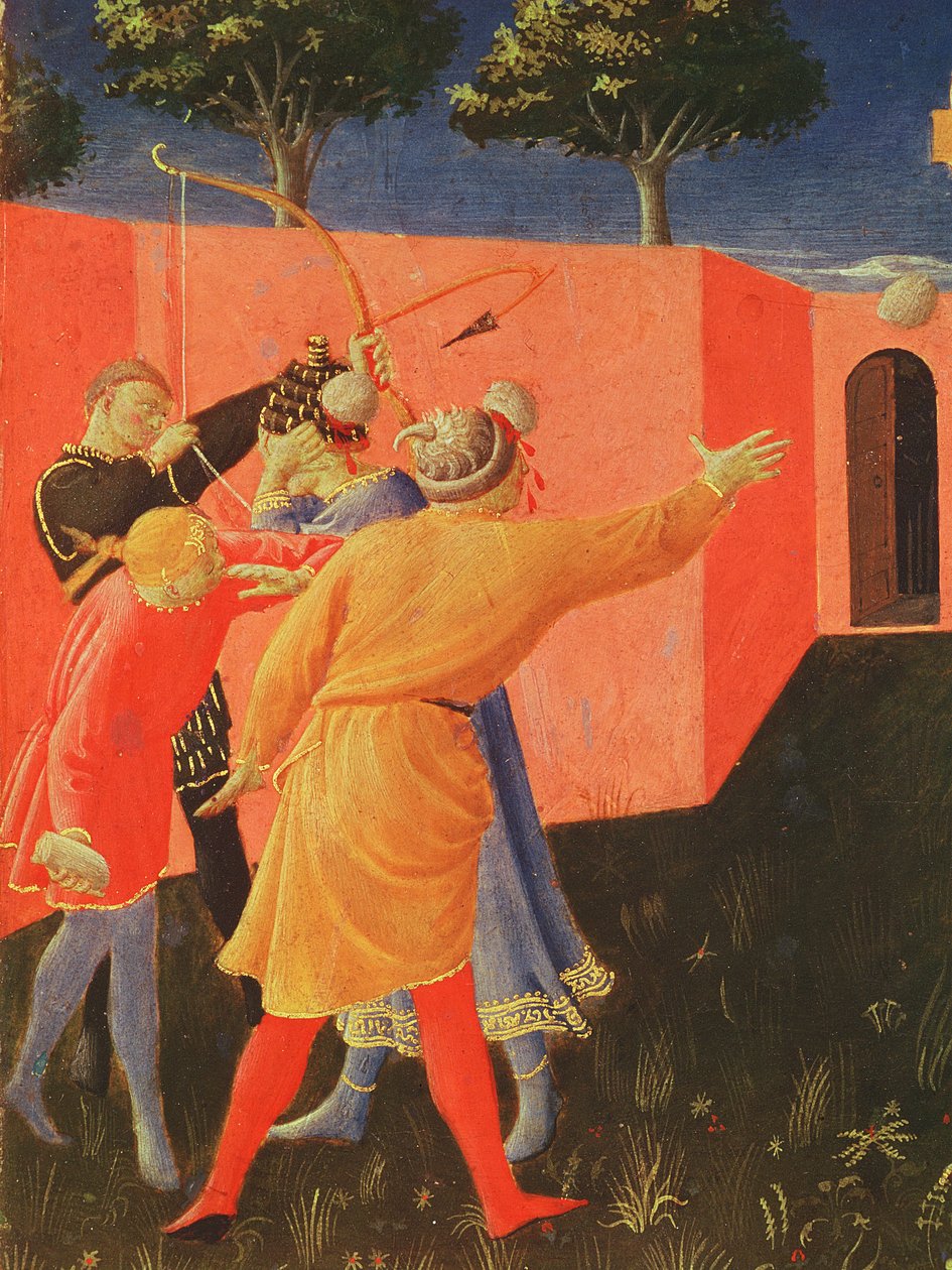 SS:n ristiinnaulitseminen ja kivittäminen. Cosmas ja Damian, yksityiskohta heidän kiduttajistaan, predella Annalenan alttaritaulusta, 1434 (tempera paneelissa) tekijältä Fra Angelico