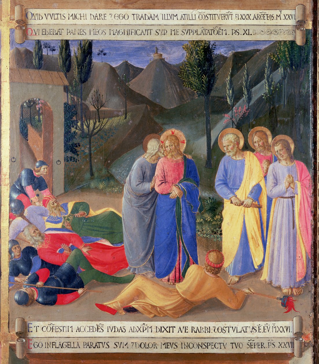 Juudaksen suudelma, yksityiskohta Santissima Annunziatan hopeavaraston kolmannesta paneelista, n. 1450-1453 (tempera paneelissa) tekijältä Fra Angelico