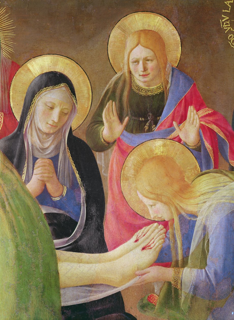 Kristuksen valitus -yksityiskohta Maria Magdalenasta suutelemassa Kristuksen jalkoja, 1436 tempera puulla tekijältä Fra Angelico