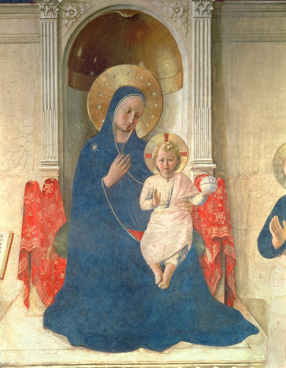 Neitsyt ja lapsi istuivat, yksityiskohta Madonna delle Ombresta, 1450-fresko tekijältä Fra Angelico