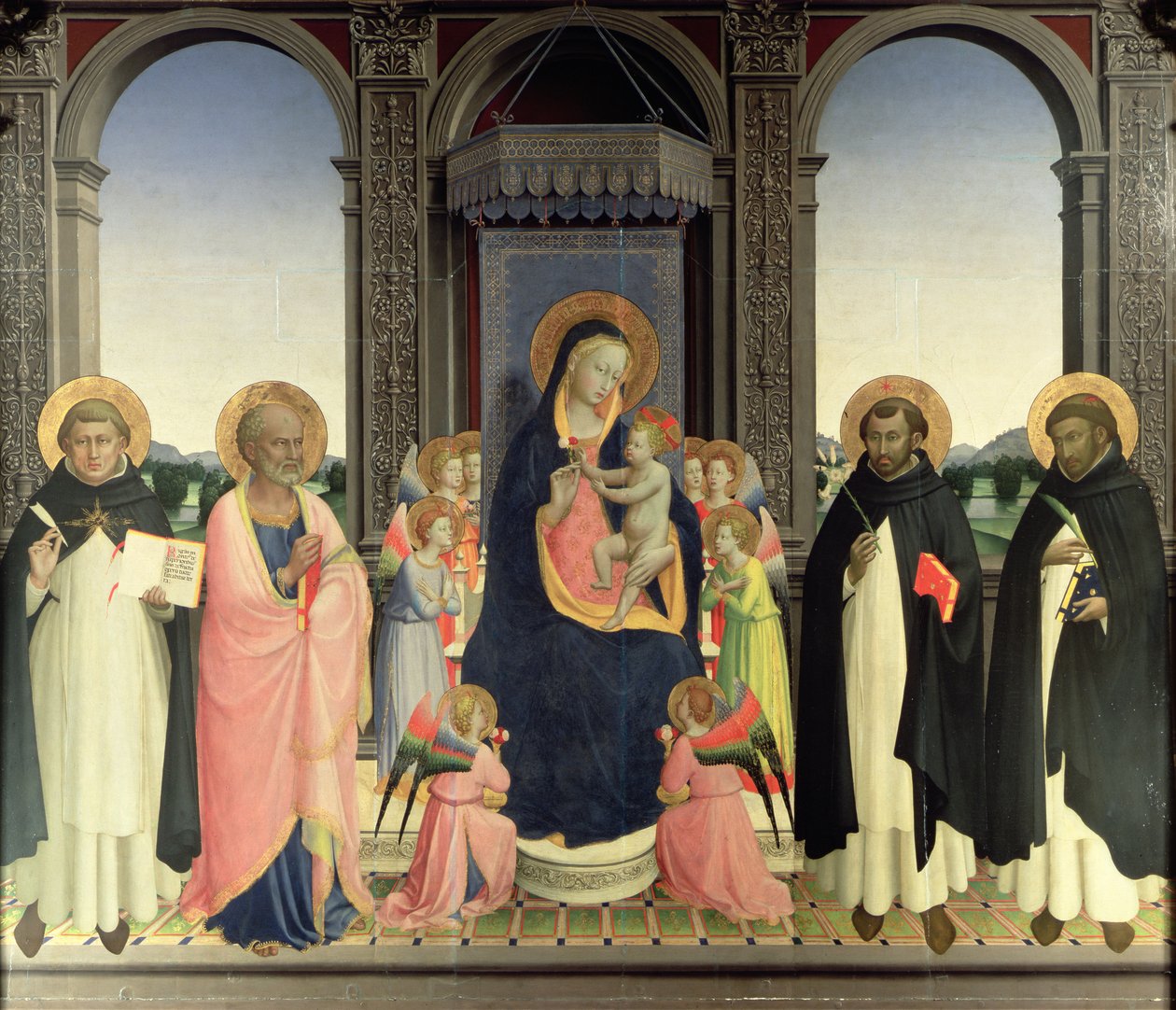Neitsyt ja lapsi valtaistuimella Enkelit ja Pyhä Tuomas Akvinolainen, Pyhä Barnabas, Pyhä Dominic ja Pyhä Pietari marttyyri, n. 1422 (tempera paneelissa) (katso 238446 ja 43913) tekijältä Fra Angelico