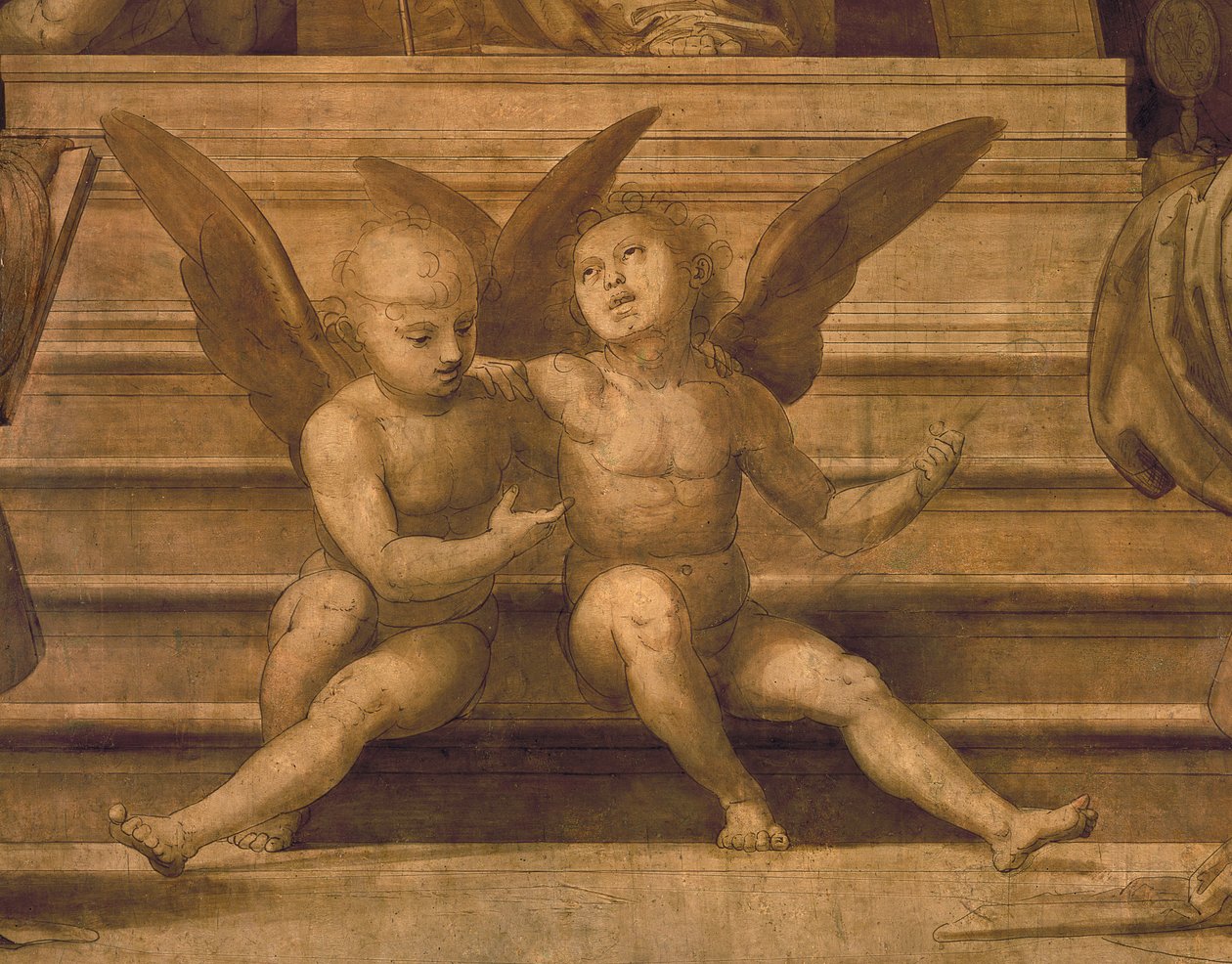 Yksityiskohta kahdesta enkelistä Palazzo del Gran Consiglion kynästä ja pesusta tekijältä Fra Bartolommeo