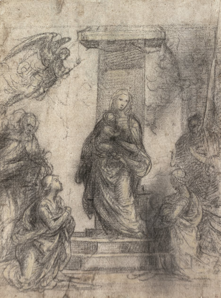 Madonna ja lapsi pyhimysten kanssa (recto) (musta ja keltainen liitu korotettu valkoisella paperilla) (vero katso 152659) tekijältä Fra Bartolommeo