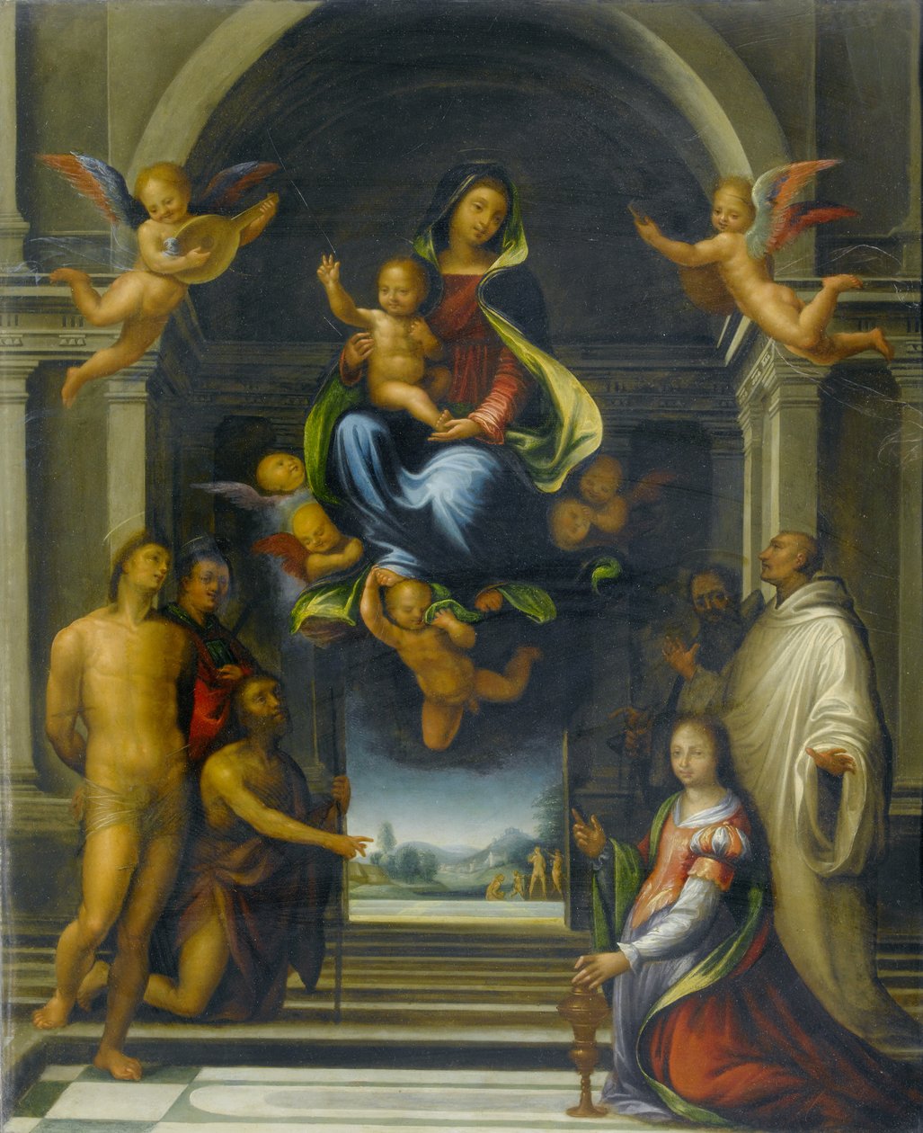 Neitsyt ja lapsi pyhien ympäröimänä, n. 1570-1674 öljy kuparille tekijältä Fra Bartolommeo