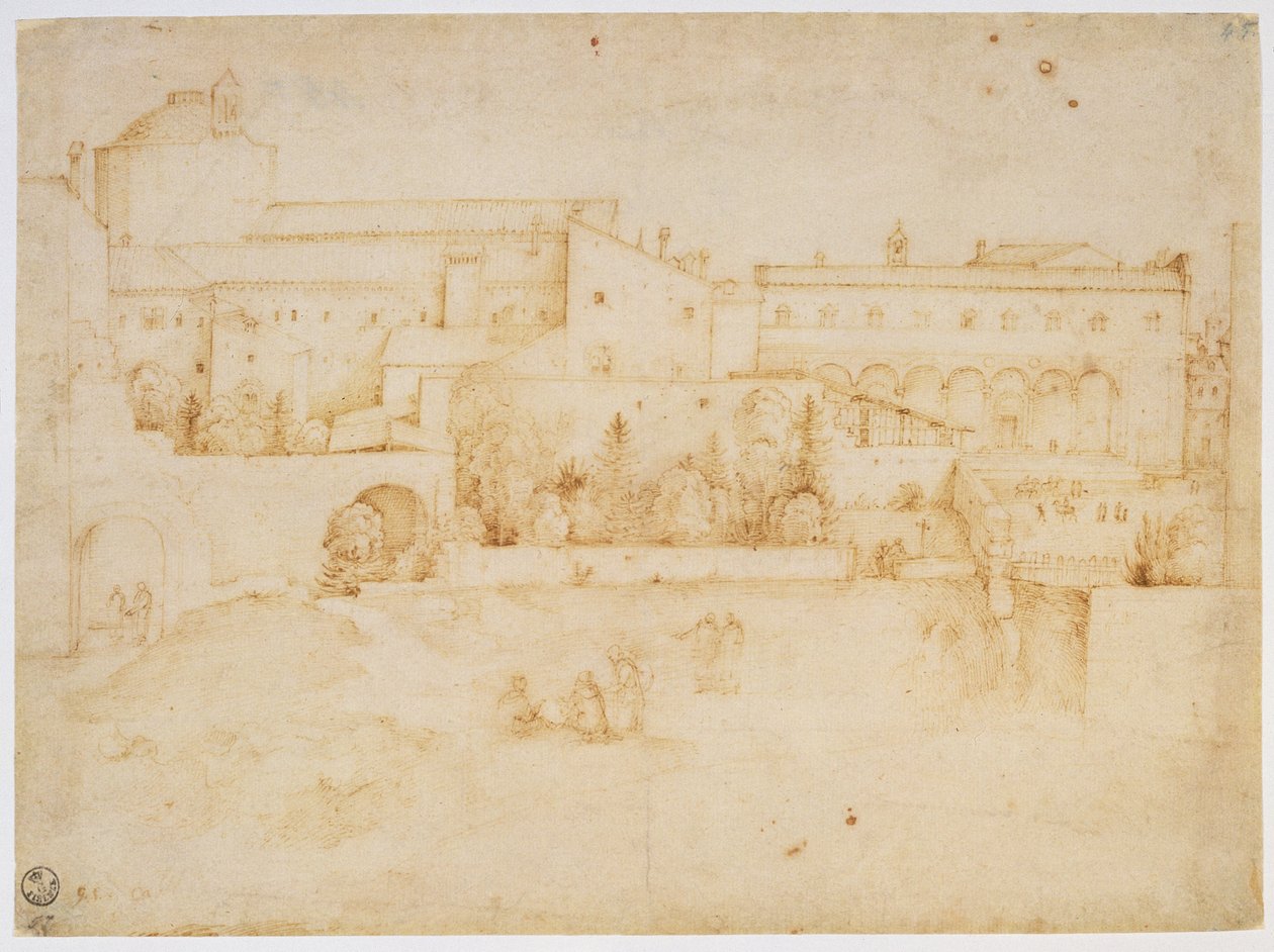 Näkymä Santa Crocen kirkosta ja luostarista, Firenze (ruskea muste paperille) tekijältä Fra Bartolommeo