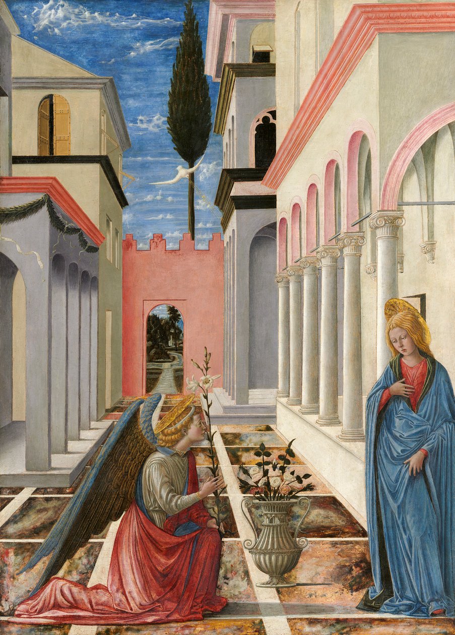 Marian ilmestys, n.14451450 (tempera paneelille). tekijältä Fra Carnevale
