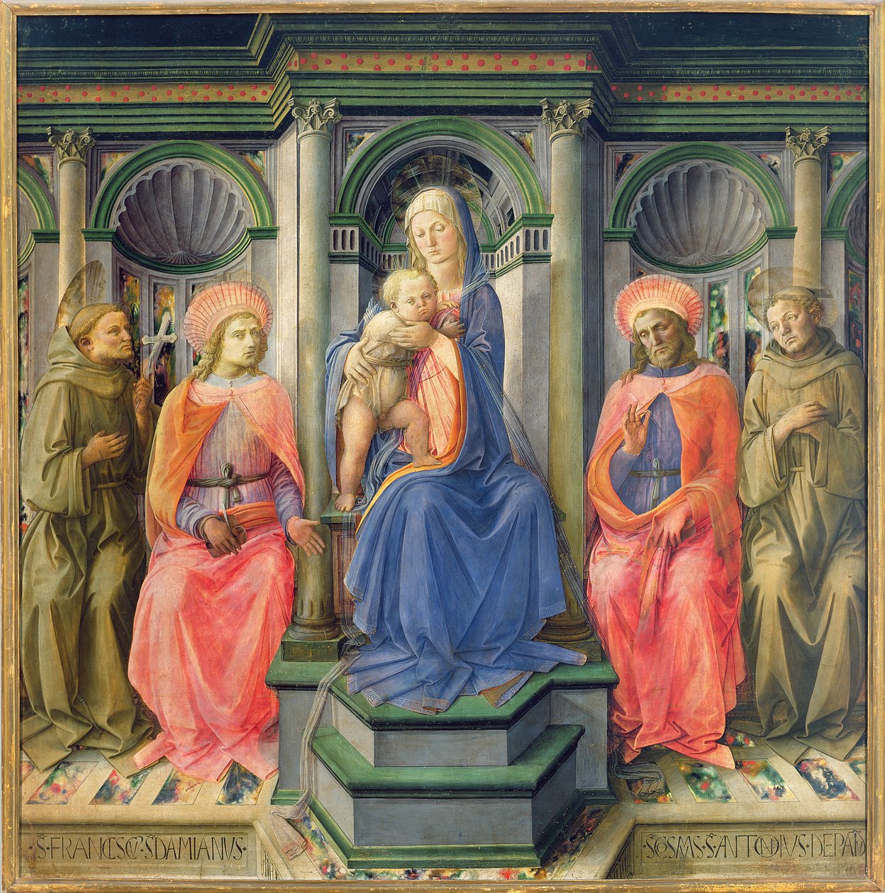 Madonna ja lapsi valtaistuivat SS:n kanssa. Francis, Cosmas, Damian ja Anthony Padovalainen, n. 1442-1445 (tempera paneelissa) (katso predella-paneelit 85691-93) tekijältä Fra Filippo Lippi