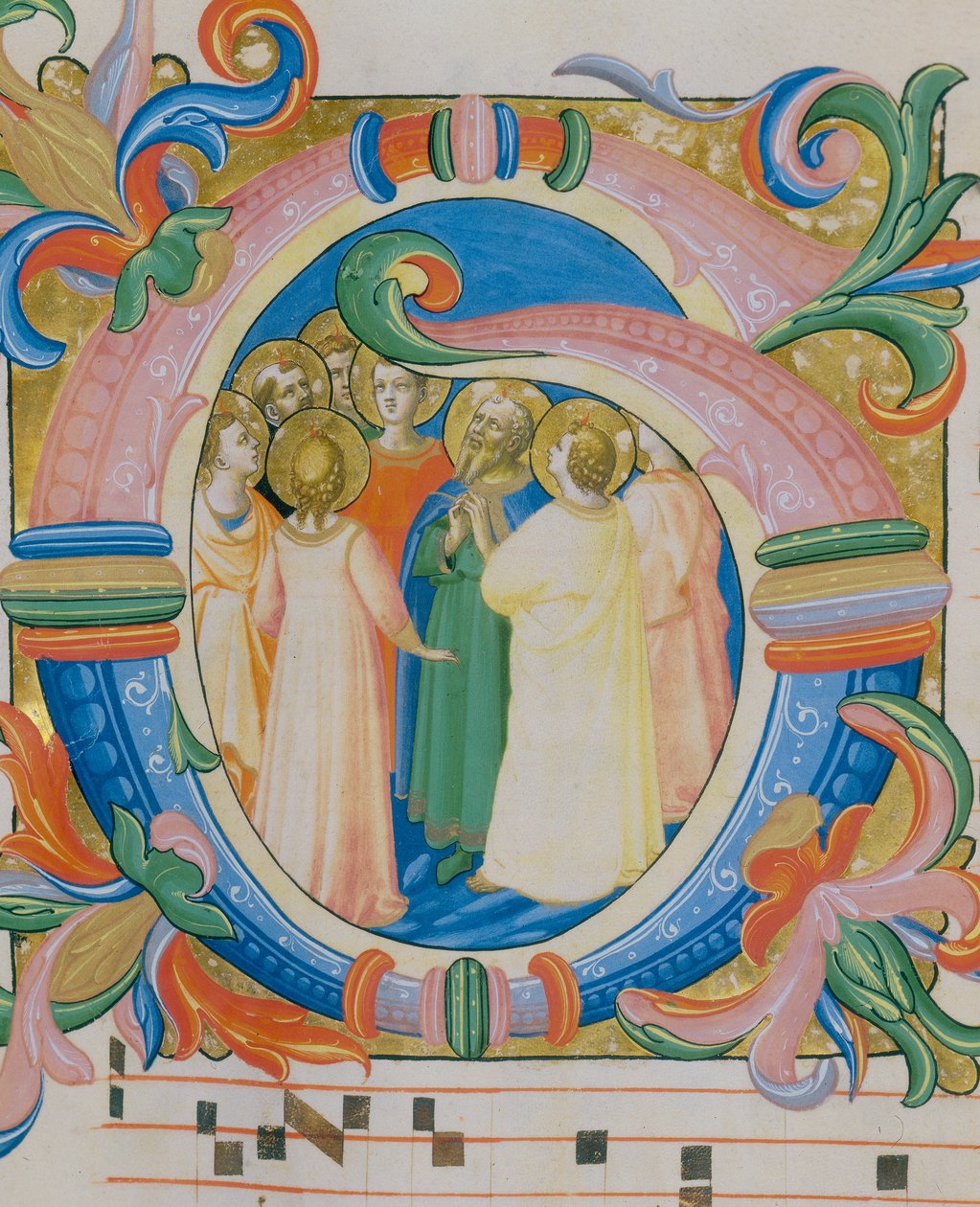 Ryhmä pyhiä, kuvitettu miniatyyri messaalissa (n. 9, verso), tekijältä Fra Angelico