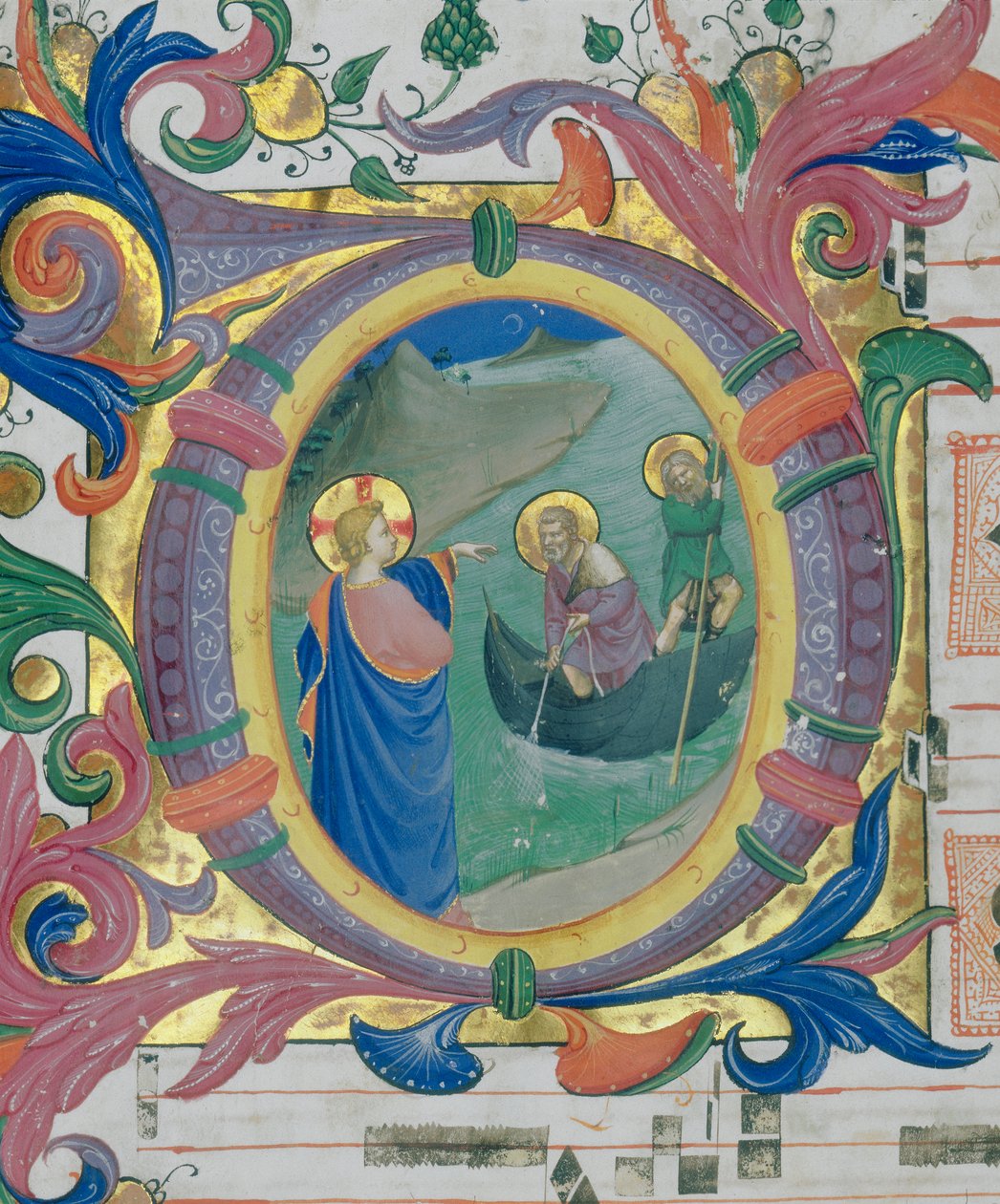 Simon Pietarin ja Andreaan kutsumus. Kuvitettu miniatyyri messussa (n. 9, verso) tekijältä Fra Angelico