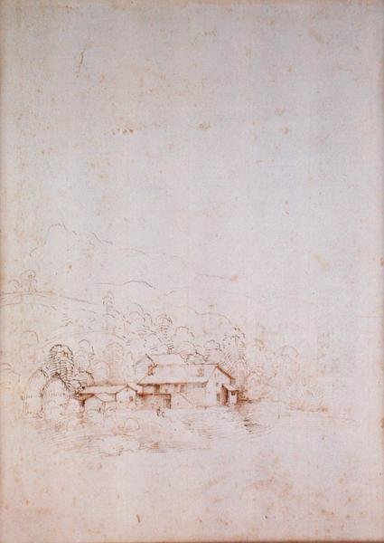 Maatila puiden keskellä (kääntöpuoli) (kynä, ruskea ja musta muste paperille) (etusivu ks. 152660) tekijältä Fra Bartolomeo