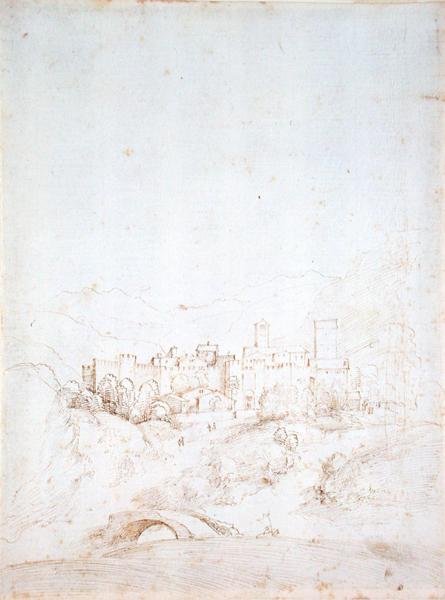 Italian Hill Town (recto) (kynä, ruskea ja musta muste paperille) (vero katso 152661) tekijältä Fra Bartolomeo