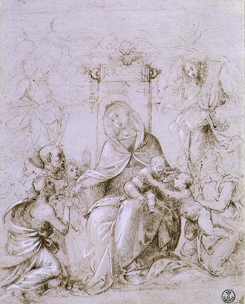 Madonna ja lapsi valtaistuimelle Pyhän Johannes Kastajan esittelemänä enkeli ja Pyhä Monica (kynä ja muste paperille) tekijältä Fra Bartolomeo