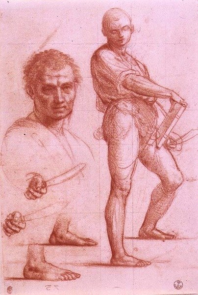 Tutkimus miekkaa ja kirjaa kädessään pitävästä miekasta ja jaloista, miekka ja jalat harjoiteltu kahdesti, sekä miehen pää (liitu paperille). tekijältä Fra Bartolomeo