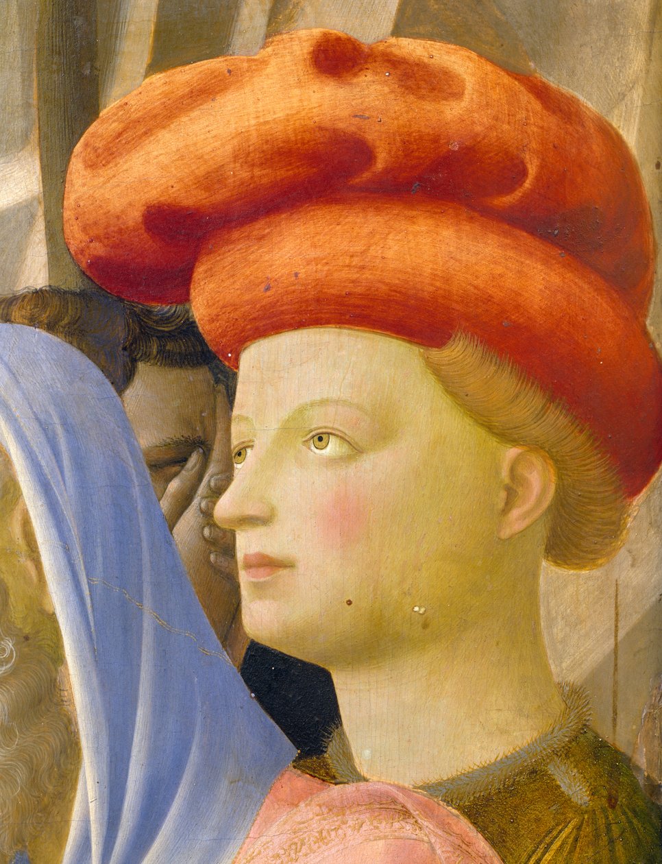 Mieshahmo punaisella turbaanilla, yksityiskohta Deposition from the Crossista tai Pyhän kolminaisuuden alttaritaulusta, n. 1432 (tempera paneelissa) tekijältä Fra  Angelico