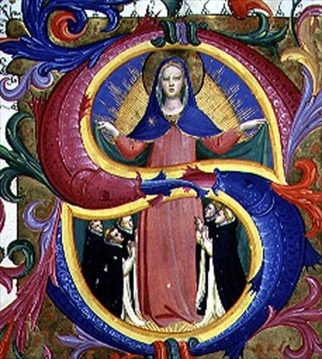 Ms 558 f.156v Historiallinen alkukirjain "S", joka kuvaa Neitsyttä suojaamassa anojia viittansa alla, yksityiskohta Missalista, 1430-luvun alku (vellum) (katso lisätietoja 78826 ja 88941) tekijältä Fra (c.1387 1455) Angelico