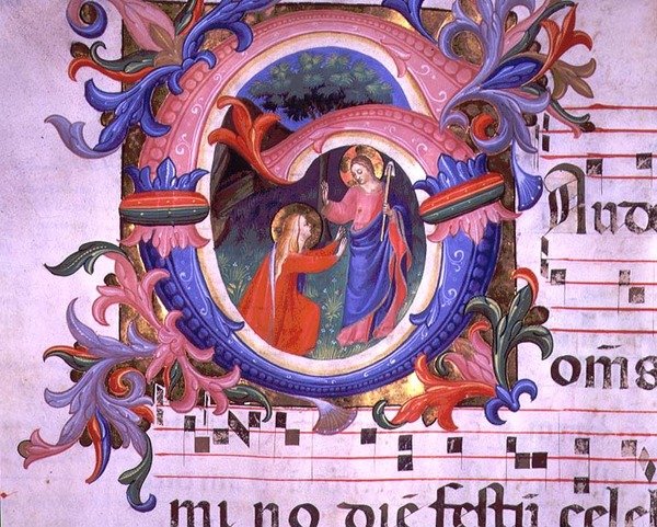 Ms 558 f.64v Historioitu alkukirjain "G", joka kuvaa Noli Me Tangerea, yksityiskohta Missalista, 1430-luvun alku (vellum) tekijältä Fra (c.1387 1455) Angelico