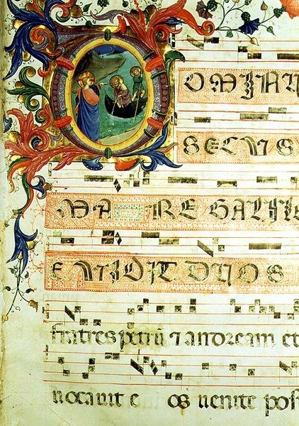 Ms 558 f.9r Historioitu alkukirjain "O", joka kuvaa Pyhän Pietarin ja Pyhän Andreaksen kutsumista nuottikirjoituksella, yksityiskohta missalin sivusta, 1430-luvun alku (vellum) (katso lisätietoja 78833 ja 88929) tekijältä Fra (c.1387 1455) Angelico