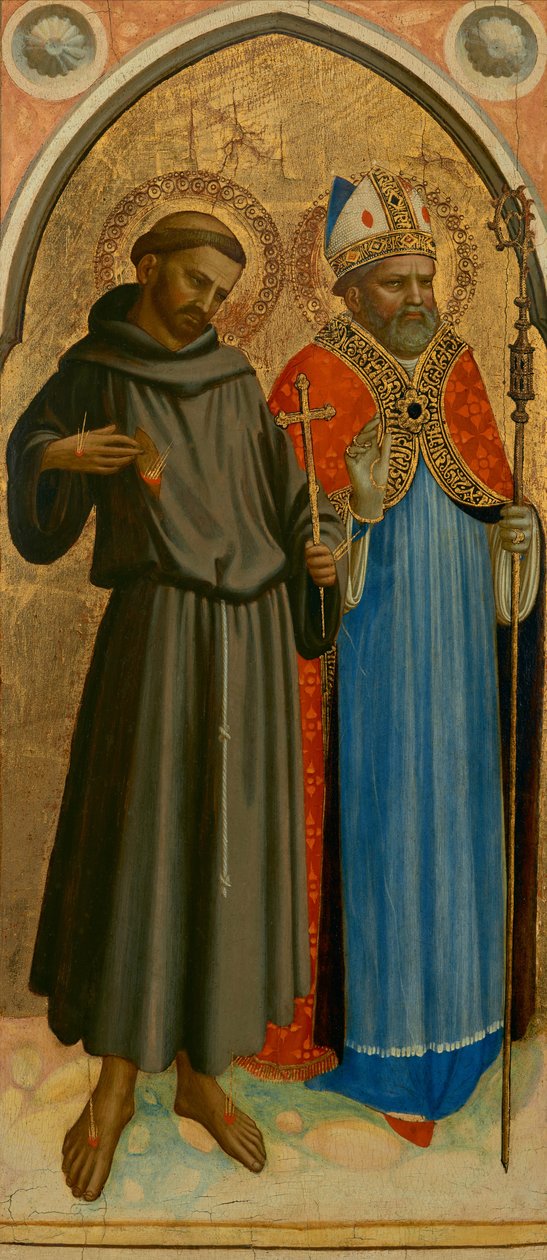 Pyhä Fransiskus ja piispan pyhimys, 1420-luvun loppu (tempera ja lehtikulta paneelille). tekijältä Fra (c.1387 1455) Angelico