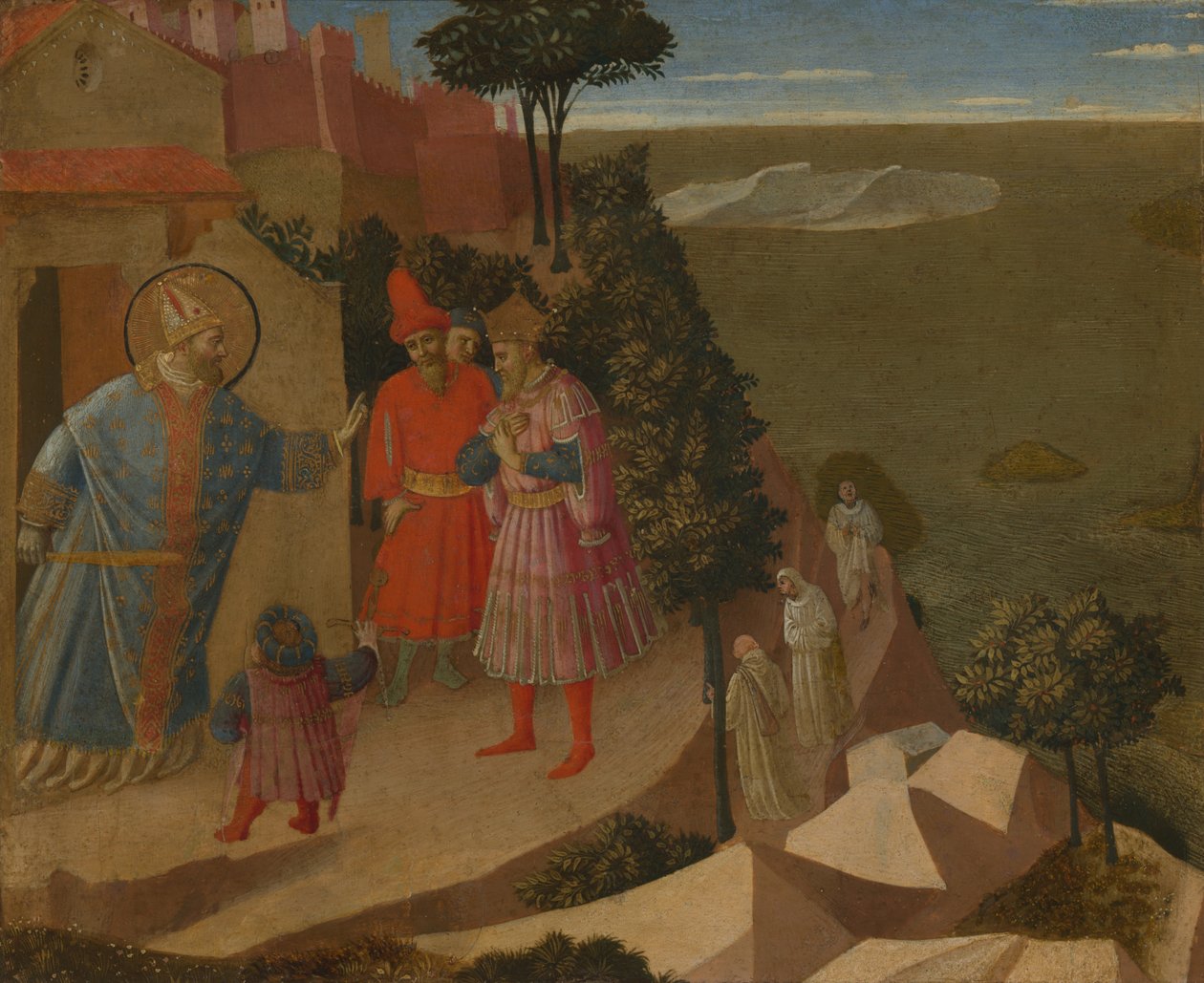 Pyhä Romuald kieltää keisari Otto III:lta pääsyn kirkkoon. tekijältä Fra (c.1387 1455) Angelico
