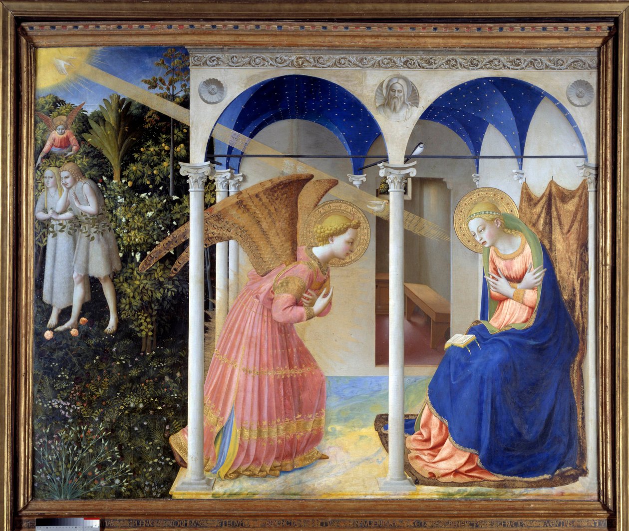 Ilmoitus (taustalla Aadam ja Eeva karkotettiin paratiisista), n. 1445 (tempera ja kulta paneelissa) tekijältä Fra (c.1387 1455) Angelico