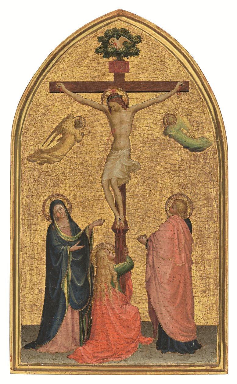 Ristiinnaulitseminen Neitsyt Marian, Johannes Kastajan ja Magdaleenan kanssa (tempera kultataululle). tekijältä Fra (c.1387 1455) Angelico