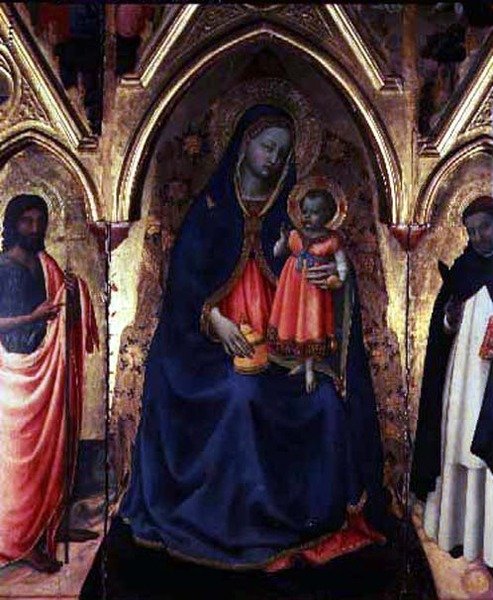 Neitsyt ja lapsi sekä Johannes Kastajan ja Dominikuksen kanssa. tekijältä Fra (c.1387 1455) Angelico