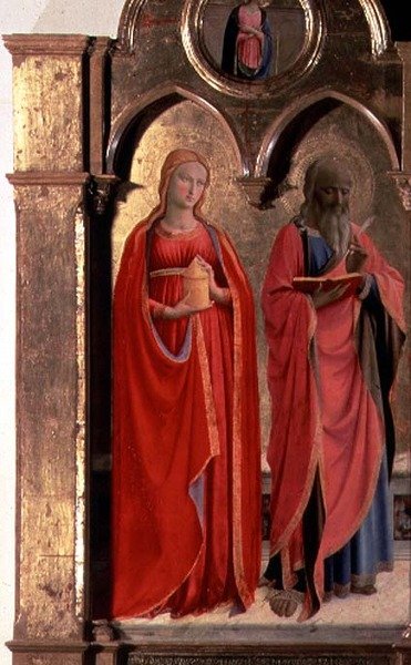 Neitsyt ja lapsi valtaistuimella neljän enkelin kanssa, yksityiskohta Pyhästä Johannes Evankelistasta ja Maria Magdaleenasta, Polittico di San Domenicosta (43910:n yksityiskohta) tekijältä Fra (c.1387 1455) Angelico