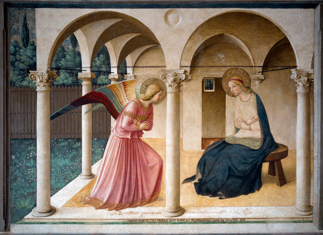 Ilmoitus. Guido di Pietron (tai Fra Giovanni da Fiesolen) fresko, joka tunnetaan nimellä Fra Angelico tai il Beato (1400-1455). 1442 230 cm x 321 cm San Marcon museo, Firenze. tekijältä Fra  Angelico