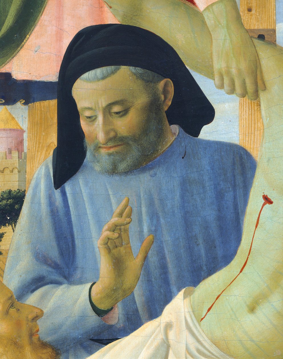 Arkkitehti Michelozzo, yksityiskohta teoksesta Ristin laskeuma tai Pyhän kolminaisuuden alttaritaulu, noin 1432, Giovanni da Fiesole, joka tunnetaan nimellä Fra Angelico (1400-n. 1455), tempera puulla tekijältä Fra (c.1387 1455) Angelico