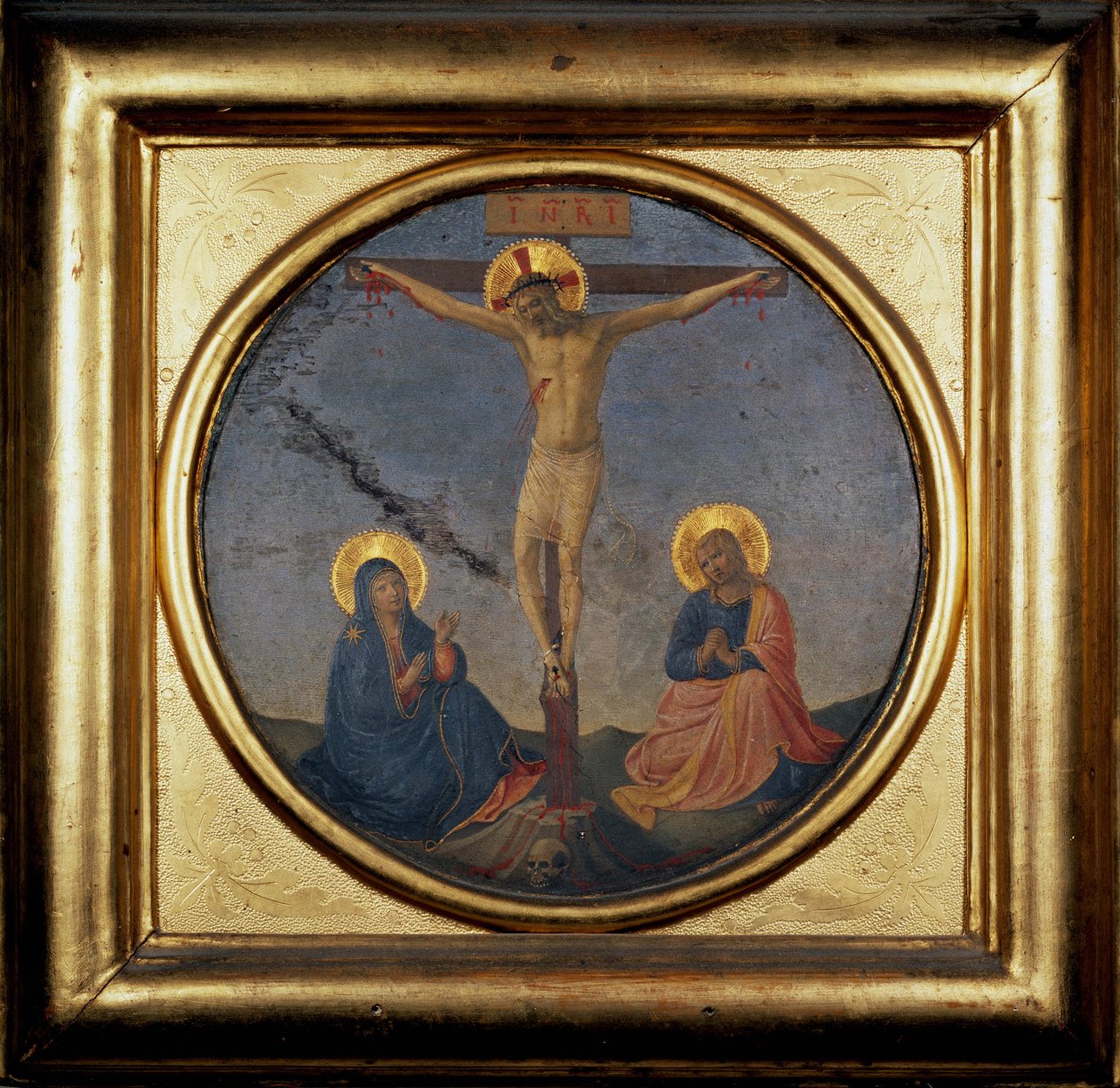 Kristuksen ristiinnaulitseminen Neitsyt ja Maria Magdaleenan välillä (maalaus) tekijältä Fra  Angelico