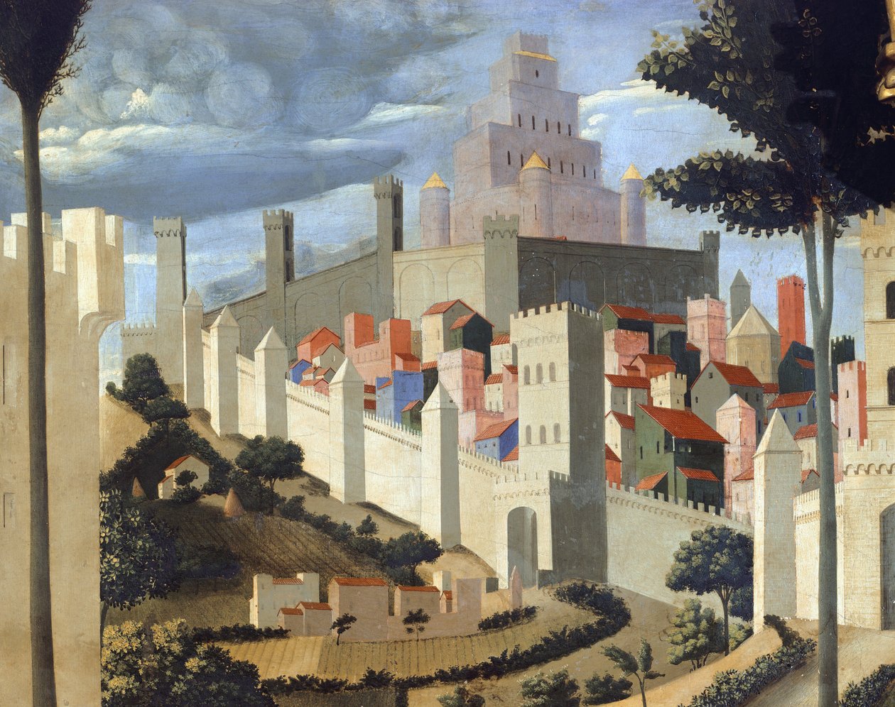 Kristuksen laskeuma (pyhän kolminaisuuden alttaritaulu), yksityiskohta maisemasta, josta on näkymät Jerusalemiin ja Solomon temppeliin -1437-40 (tempera puulla) tekijältä Fra  Angelico