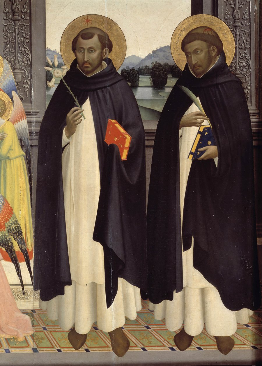 Yksityiskohta Pyhästä Dominicasta ja Pyhästä Pietarista. Pyhän Dominicin polyptyykki. 1428-1430 (tempera puulla) tekijältä Fra  Angelico