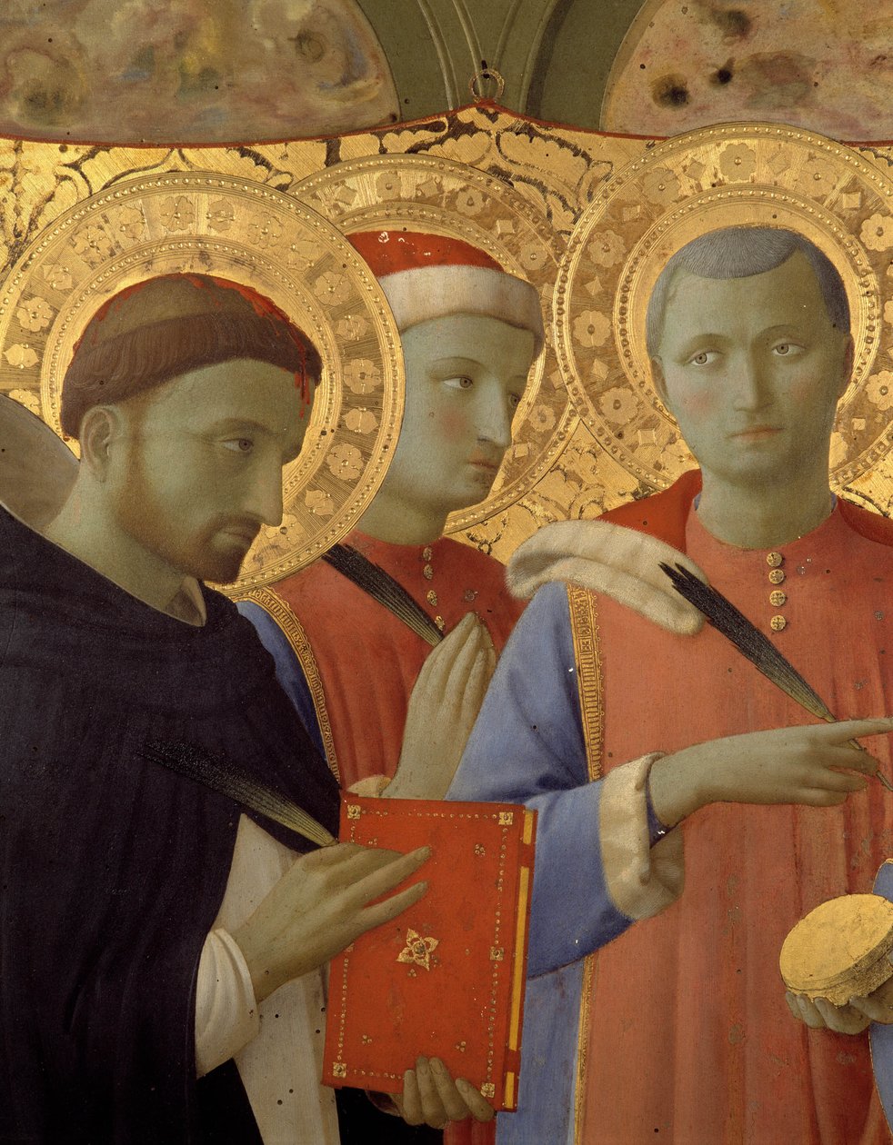 Yksityiskohta Annalenan alttaritaulusta: Pyhän Pietarin marttyyri, Saint Cosimo (Tule tai Cosimo) ja Saint Damien (tempera puulla) muotokuvia tekijältä Fra  Angelico