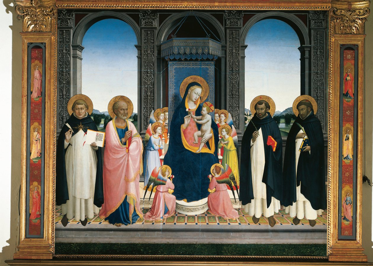 Fiesole-alttaritaulu: Neitsyt ja lapsi enkelien ja neljän pyhän kanssa (maalaus puulle tekijältä Fra  Angelico