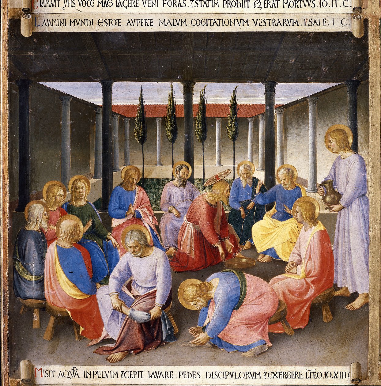 Jalkojen pesu. Kristuksen elämä, hopeinen vaatekaappi. (Tempera puulla tekijältä Fra  Angelico