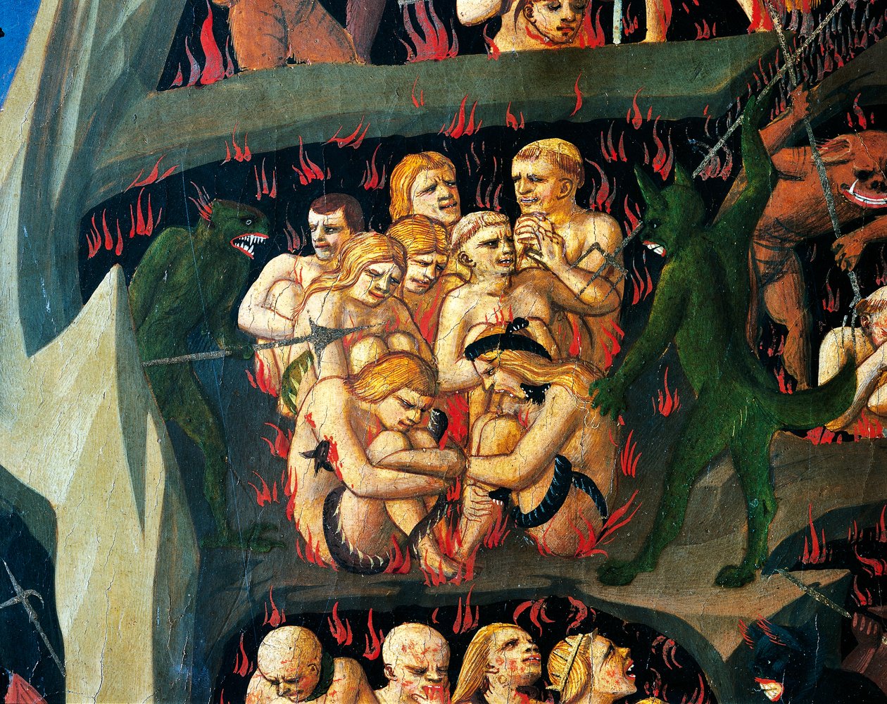 Helvetti demonien kanssa rankaisemassa laiskoja, yksityiskohta Fra Angelicona (1400-noin 1455) tunnetulta Giovanni da Fiesolen viimeisestä tuomiosta, tempera puulla tekijältä Fra (c.1387 1455) Angelico