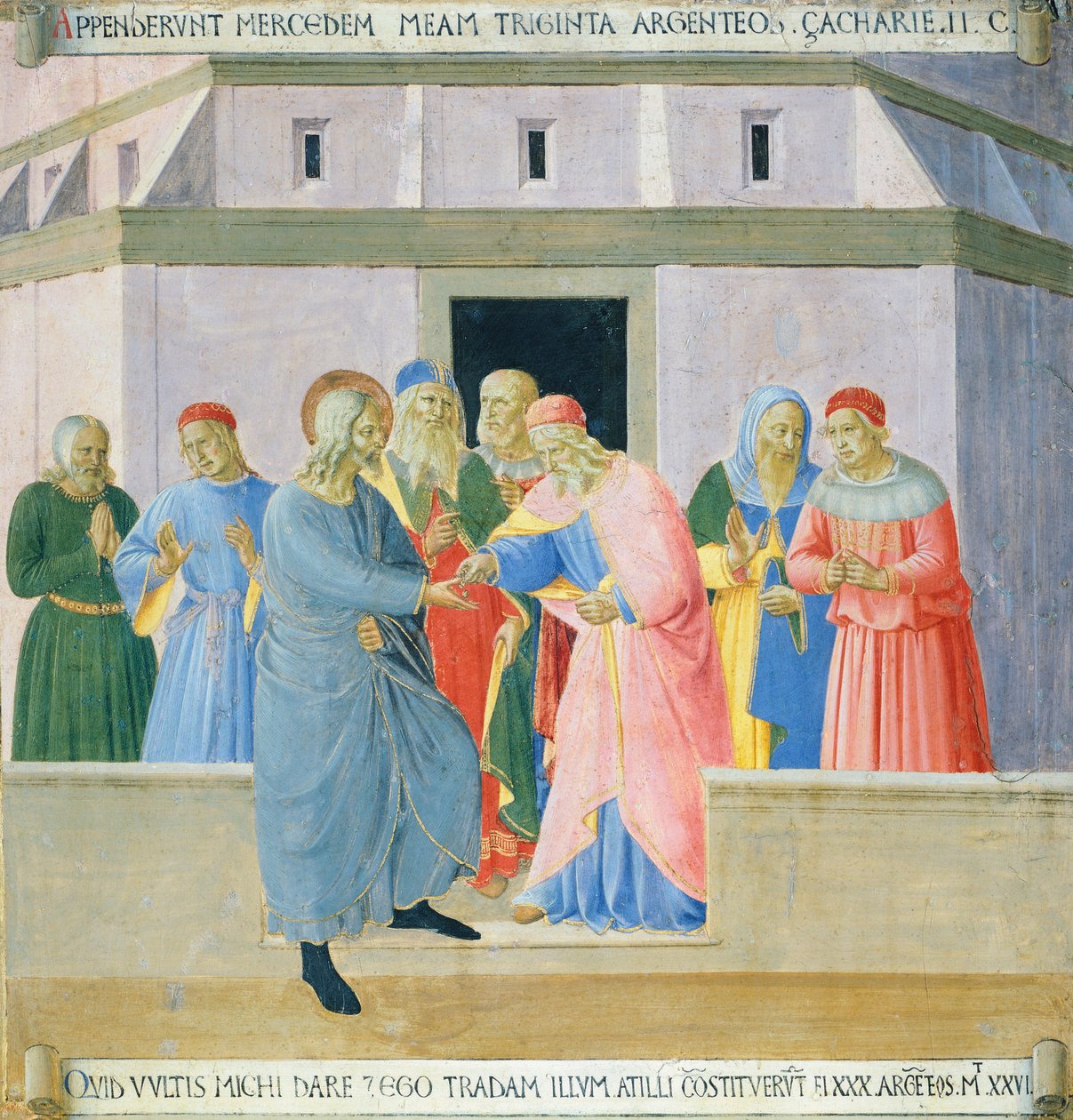Upote, joka kuvaa Juudasta vastaanottamassa palkintoa, paneeli Armadio degli Argentista (hopeaarkku), jossa on Jeesuksen elämä tekijältä Fra (c.1387 1455) Angelico