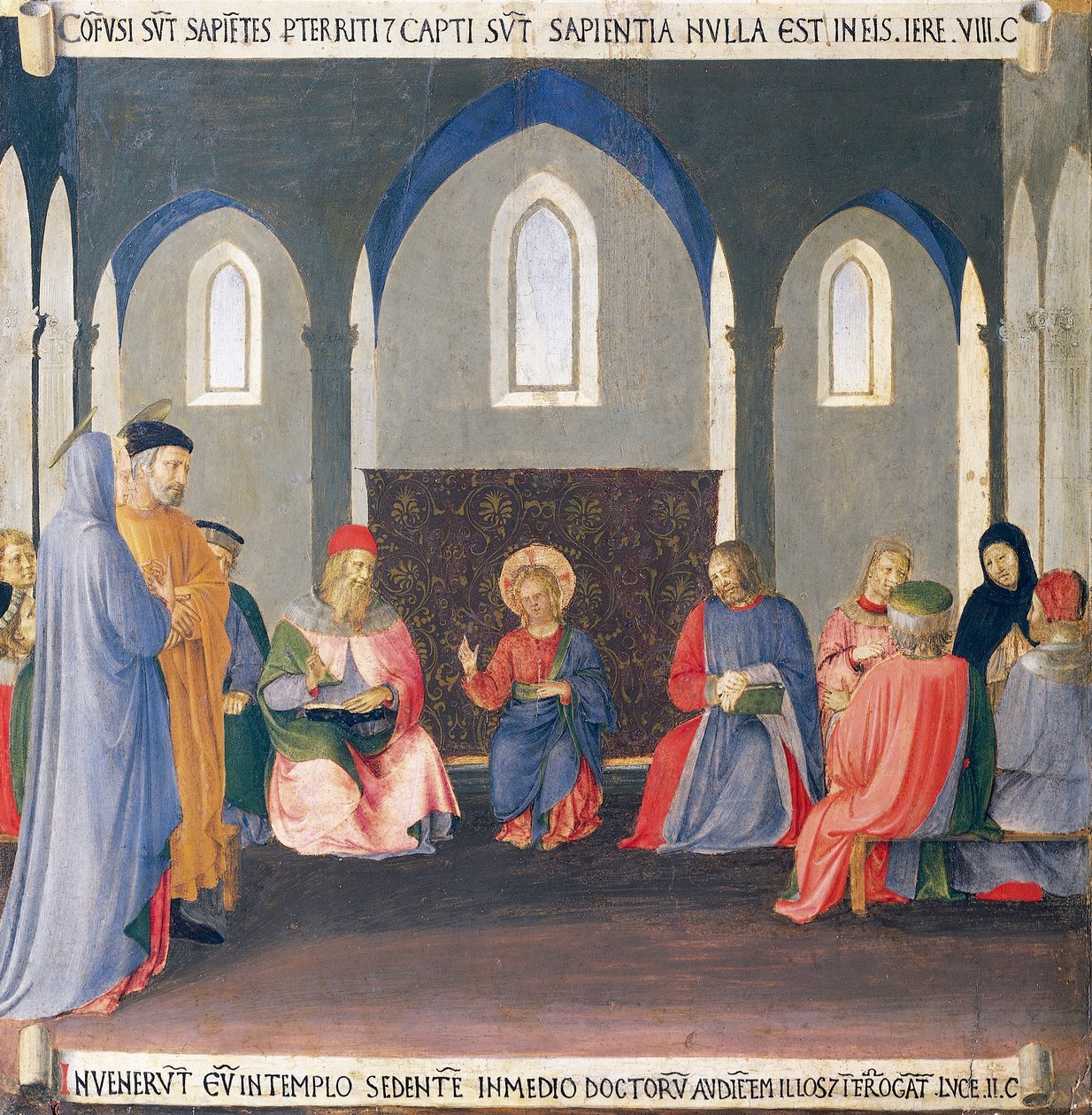 Upote, joka kuvaa kiistaa lääkäreiden kanssa temppelissä, paneeli Armadio degli Argentista (hopeaarkku), jossa on Jeesuksen elämä tekijältä Fra (c.1387 1455) Angelico