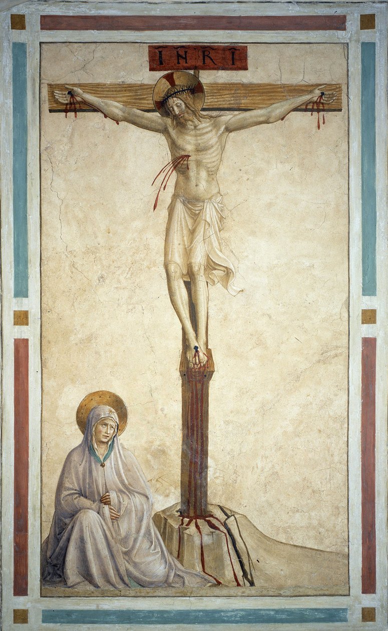 Ristiinnaulitseminen Neitsyt Marian kanssa. Kirjoitus "" INRI "" ristissä. Fresco de Guido di Pietro (ou Fra Giovanni da Fiesole) dit Fra Angelico ou il Beato (1400-1455) tekijältä Fra  Angelico