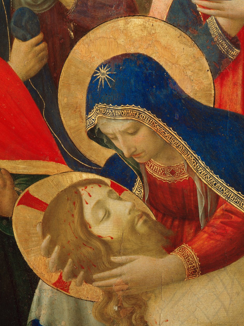 Valituslaulu Kristuksen kuolemasta, yksityiskohta Neitsyt Mariasta (Maalaus puulle tekijältä Fra  Angelico