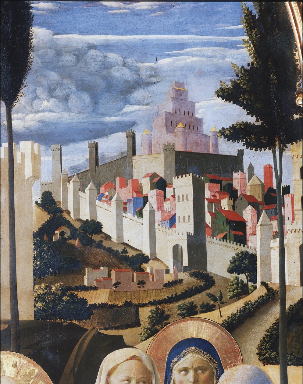Maisema näköalalla Jerusalemiin ja Salomon temppeliin. Yksityiskohta Kristuksen laskeutumisesta tai Pyhän Kolminaisuuden alttaritaulusta (tempera puulla tekijältä Fra  Angelico