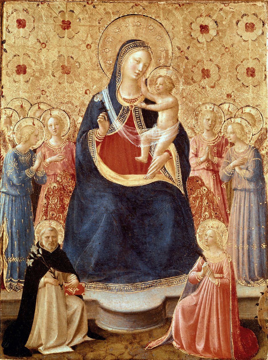 Madonna ja lapsi enkelien, Pyhän Dominikuksen ja Pyhän Katariina Aleksandrialaisen kanssa, noin 1435 (tempera ja kulta paneelille). tekijältä Fra (c.1387 1455) Angelico