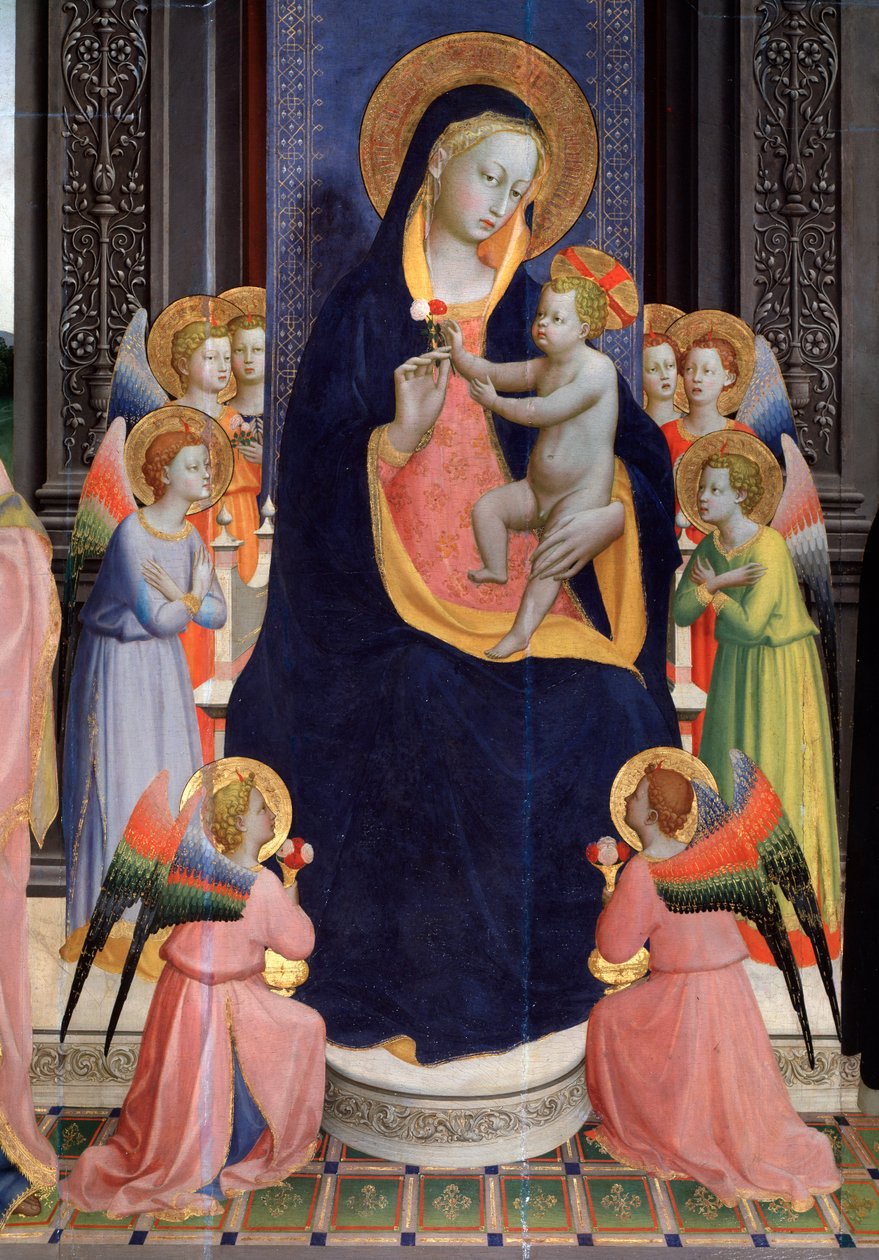 Madonna ja lapsi enkelien kanssa. Yksityiskohta Pyhän Dominicin alttaritaulusta tai Pala di Fiesolesta (tempera puulla, n. 1424-1428) tekijältä Fra  Angelico