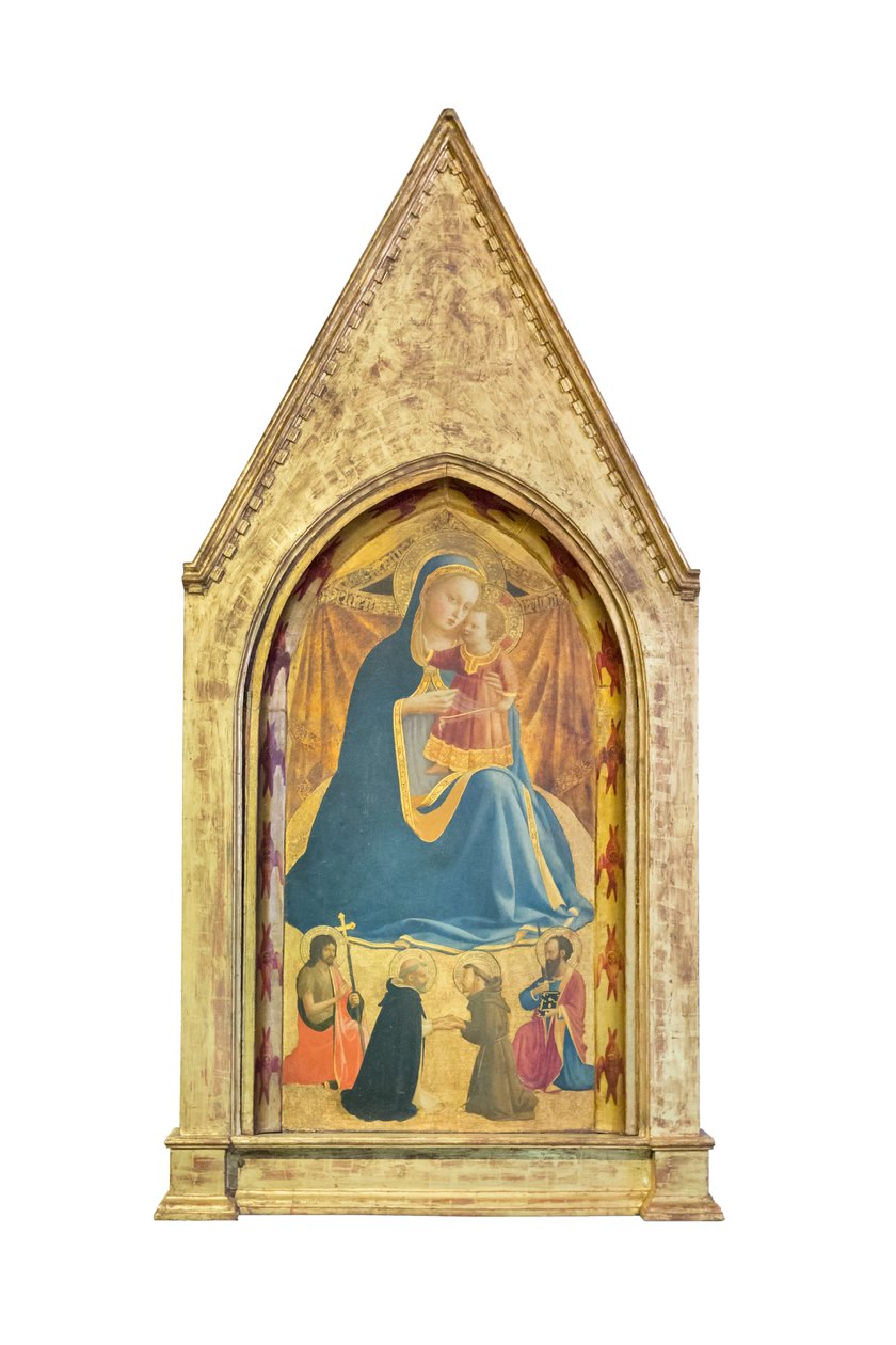 Madonna nöyryydestä, Johannes Kastajan ja Paavalin tapaaminen: pyhän Dominikuksen ja Franciscus Assisilaisen tapaaminen (tempera ja kulta paneelille). tekijältä Fra (c.1387 1455) Angelico