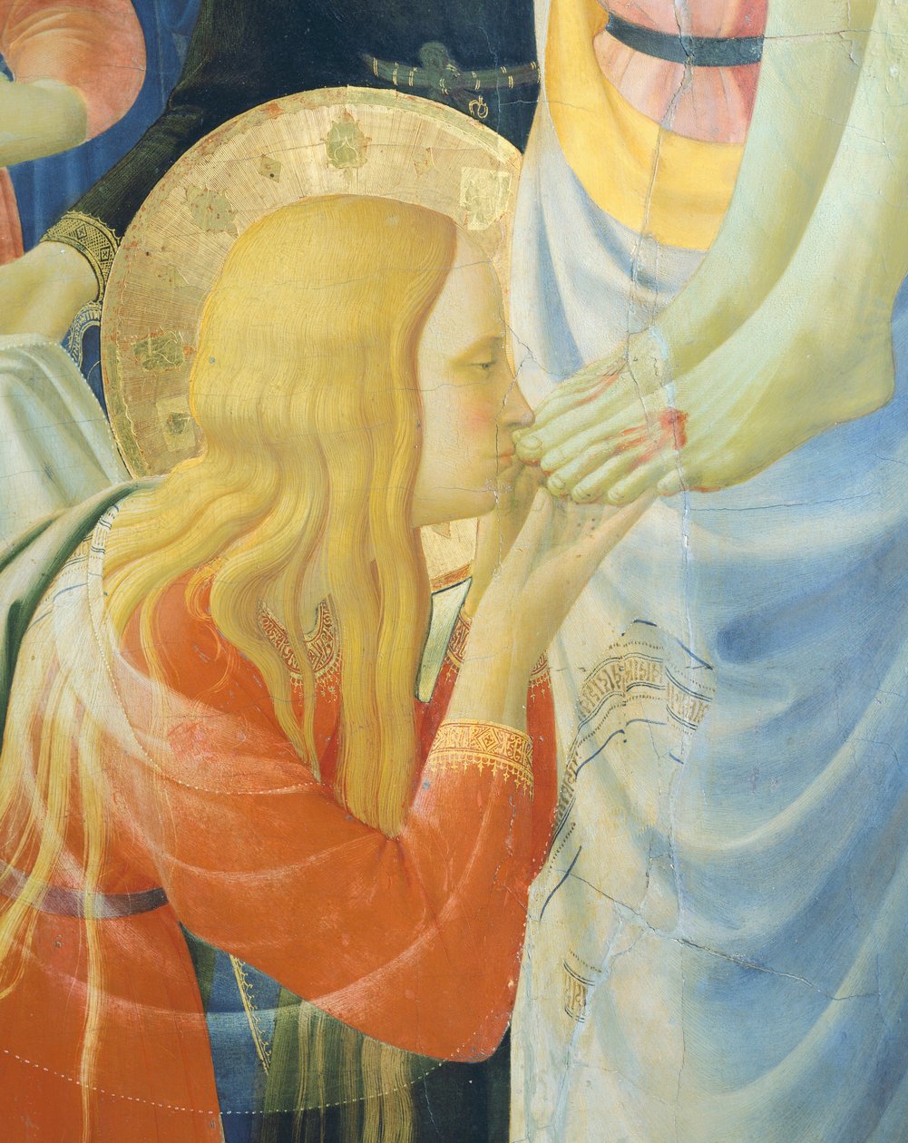 Maria Magdaleena suutelee Jeesuksen jalkoja, yksityiskohta Deposition from Cross tai Altarpiece of Holy Trinity, noin 1432, Giovanni da Fiesole, joka tunnetaan nimellä Fra Angelico (1400-noin 1455), tempera puulla tekijältä Fra (c.1387 1455) Angelico